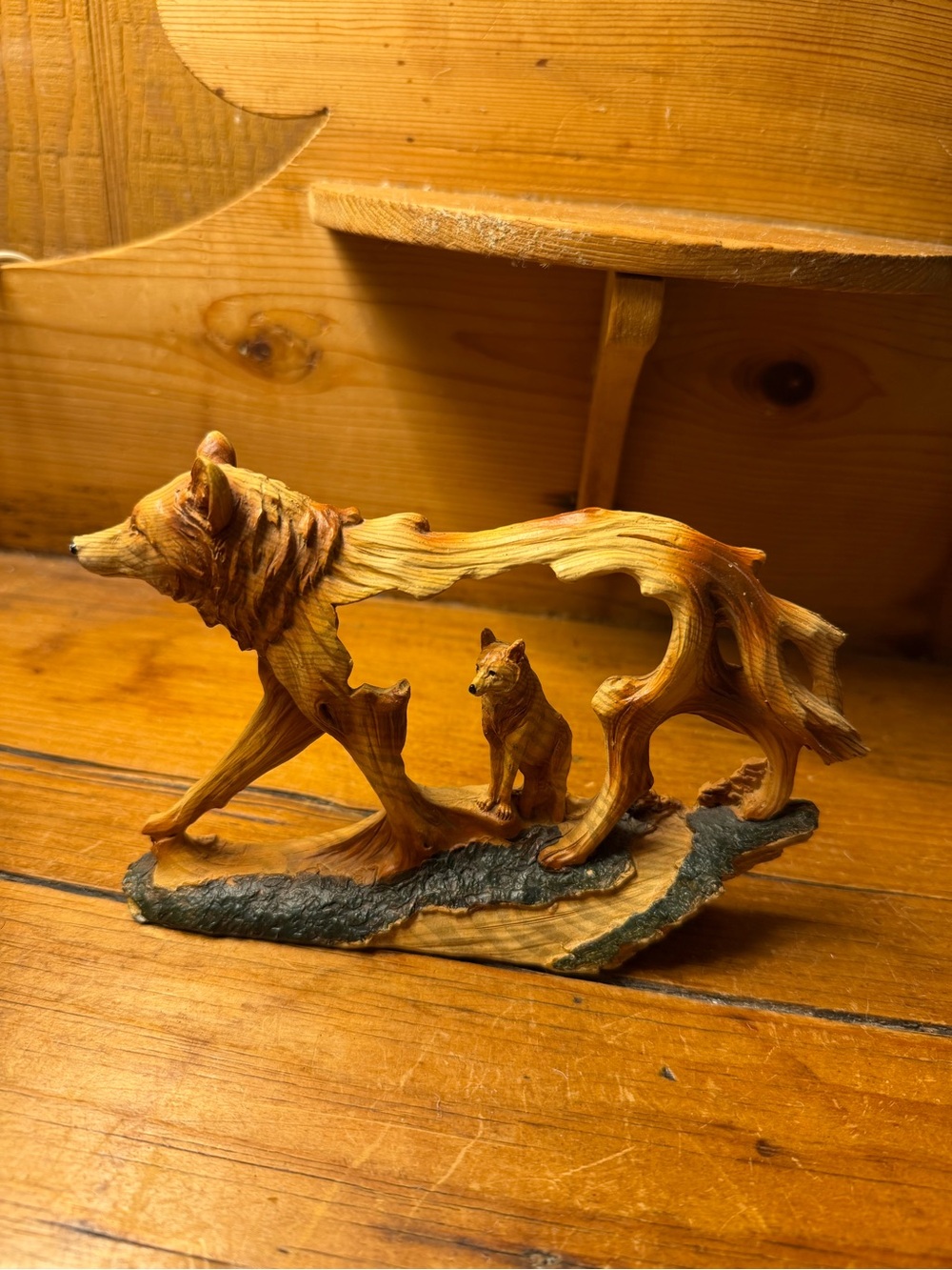 Wooden Wolf Family Sculpture - Brown